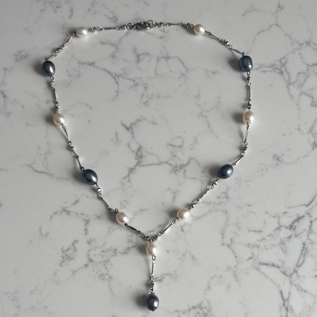 Freshwater Pearl Station Y-Drop Necklace In White And Gray 35$